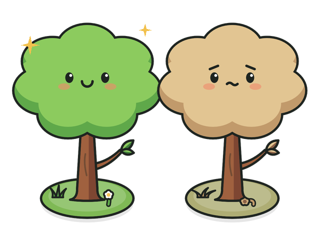 A healthy tree next to a withered one